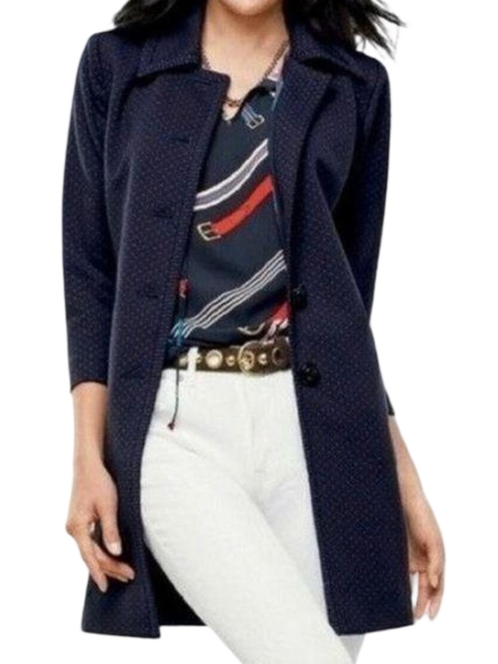 CAbi Women's Carriage Jacket Classic Navy Dot-Print Long Coat Size XXL EUC